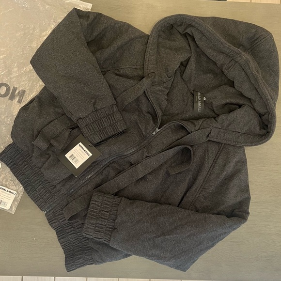 $365 Norma Kamali Hooded Zip Bomber Jacket Dark Heather Gray Pockets XXS OR XS - Picture 7 of 16